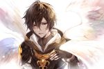  armor brown_hair fingerless_gloves gloves granblue_fantasy hood hood_down male_focus multiple_wings red_eyes sandalphon_(granblue_fantasy) seraph shivue short_hair solo wings 