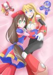  2girls android arm_around_waist bangs bed_sheet beret blonde_hair blue_eyes blush bodysuit breasts brown_hair capcom character_doll dress eyebrows_visible_through_hair gloves green_eyes hair_ornament hand_on_own_chest hat iris_(rockman_x) long_hair looking_at_viewer low-tied_long_hair lying multiple_girls open_mouth rockman rockman_x rockman_x4 rockman_x8 stuffed_toy white_gloves x_(rockman) zero_(rockman) 