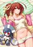  absurdres ahoge blazblue brown_eyes brown_hair celica_a_mercury character_doll highres lying minerva_(blazblue) navel non-web_source official_art on_back pillow ponytail solo underwear 