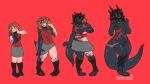  2017 anthro bedroom_eyes black_hair blue_eyes breasts brown_hair clothing collar dragon embarrassed female growth hair half-closed_eyes hhazard horn human human_to_anthro legwear mammal navel nipples pigeon_toed pussy red_background red_eyes seductive sequence shirt simple_background skirt slightly_chubby smile socks solo standing tail_growth torn_clothing transformation 