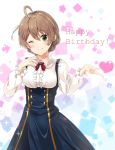  ahoge ashinagi_(bijutu1) bangs blush braid breasts frills green_eyes happy_birthday heart highres idolmaster idolmaster_million_live! idolmaster_million_live!_theater_days light_brown_hair looking_at_viewer medium_breasts one_eye_closed sakuramori_kaori short_hair smile solo tied_hair 