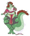  2016 anthro blush book breast_expansion breasts clothing dragon female green_eyes hhazard open_mouth post_transformation simple_background solo standing surprise torn_clothing voluptuous white_background wide_hips 