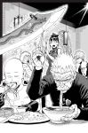 bald bang_(one-punch_man) eating food mustache official_art old_man one-punch_man ramen rice saitama sword 