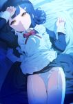  bed_sheet black_hair blue_panties commentary doremi fate/kaleid_liner_prisma_illya fate_(series) frills garter_belt hair_ornament hairclip hand_on_forehead hand_on_own_head highres juliet_sleeves long_sleeves looking_at_viewer lying maid miyu_edelfelt moonlight nose_shade on_back panties parted_lips polka_dot polka_dot_panties puffy_sleeves ringed_eyes short_hair side-tie_panties skirt skirt_lift solo thigh_gap thighhighs underwear white_legwear yellow_eyes 