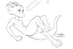  4_toes anthro anus black_and_white claws female fist frown full-length_portrait horn kobold looking_away lying melee_weapon monochrome nude on_back portrait pussy scalie simple_background sketch slit_pupils solo sword toes unseen_character w4g4 weapon white_background 