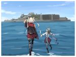  ahoge bandages black_gloves black_legwear blue_sky boots building capelet commentary_request dark_skin day from_behind full_body gloves grey_hair grey_legwear hairband halterneck island kantai_collection kiyoshimo_(kantai_collection) low_twintails multiple_girls musashi_(kantai_collection) outdoors pantyhose pleated_skirt pointy_hair red_skirt scenery school_uniform shirt skirt sky thighhighs twintails twitter_username two_side_up walking walking_on_liquid water white_hair white_shirt yamashiki_(orca_buteo) 