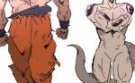  clenched_hands crossed_arms dragon_ball dragon_ball_z facing_away frieza head_out_of_frame imamuu_(imamoon) male_focus multiple_boys shirtless simple_background son_gokuu standing tail twitter_username white_background wristband 
