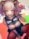  :d absurdres at2. bare_shoulders black_nails blue_eyes blush breasts cleavage cleavage_cutout highres kaguya_luna kaguya_luna_(character) looking_at_viewer medium_breasts nail_polish open_mouth red_legwear smile solo teeth thighhighs twintails virtual_youtuber white_hair 