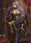  axe black_legwear boots breasts camilla_(fire_emblem_if) crossed_legs elbow_gloves fire_emblem fire_emblem_if gloves greaves grin large_breasts lips long_hair looking_at_viewer purple_eyes purple_hair sitting smile solo thigh_boots thighhighs throne weapon 