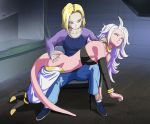  android_18 android_21 anklet ass bare_shoulders bent_over blonde_hair blue_eyes boots breasts choker cleavage closed_eyes cyborg denim detached_sleeves dragon_ball dragon_ball_fighterz dragon_ball_z earrings eyelashes eyeliner harem_pants high_heels highres hoop_earrings jeans jewelry laboratory large_breasts lavender_hair long_hair long_sleeves majin_android_21 makeup medium_hair messy_hair midriff multiple_girls pants pink_skin punishment spanking tail window 