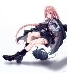  bag blue_eyes commentary_request daewoo_k7 eotech gun highres long_hair looking_at_viewer military military_uniform original pink_hair skirt solo uniform very_long_hair vvy weapon white_background 