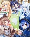  alcohol animal_ears bare_shoulders black_hair blanc blonde_hair blue_eyes blue_hair blush braid breasts brown_hair cake cleavage cup drinking_glass eating effole_(fairy_fencer_f) fairy_fencer_f food food_on_face fork fork_in_mouth hair_ornament hat highres holding holding_cup hood hoodie karin_(fairy_fencer_f) long_hair looking_at_viewer medium_breasts multiple_girls neptune_(series) noire non-web_source open_mouth plate red_eyes ribbon short_hair skirt small_breasts smile tsunako twintails vert white_hair wine wine_glass 