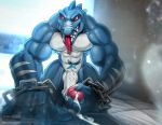  2016 anthro balls blue_skin chain cum donkey_kong_(series) fangs humanoid_penis kludge looking_at_viewer male masturbation muscular muscular_male nintendo nude penile_masturbation penis red_eyes solo todex tongue video_games 