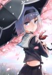  :&lt; bangs black_choker black_hairband black_serafuku black_shirt black_skirt black_umbrella blue_eyes blush cherry_blossoms choker closed_mouth commentary_request eyebrows_visible_through_hair hair_between_eyes hairband highres holding holding_umbrella kabayaki_namazu long_sleeves looking_at_viewer looking_to_the_side midriff neckerchief no_hair_ornament petals pleated_skirt red_neckwear revision ryuuou_no_oshigoto! sailor_collar school_uniform serafuku shirt silver_hair skirt solo sora_ginko umbrella white_sailor_collar 