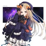  abigail_williams_(fate/grand_order) absurdres bangs black_bow black_dress black_hat blonde_hair bloomers blue_eyes bow bug butterfly character_name commentary_request covered_mouth dress fate/grand_order fate_(series) forehead hair_bow hat highres insect key long_hair long_sleeves looking_at_viewer object_hug orange_bow oversized_object parted_bangs polka_dot polka_dot_bow sasakura_(npdk7484) sleeves_past_fingers sleeves_past_wrists solo space stuffed_animal stuffed_toy teddy_bear underwear very_long_hair white_background white_bloomers 