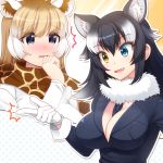  2girls :d animal_ears between_breasts black_hair black_jacket blonde_hair blush breast_pocket breasts cleavage commentary_request eyebrows_visible_through_hair fang fur_collar fur_trim giraffe_ears giraffe_print gloves grey_wolf_(kemono_friends) hand_up heterochromia highres jacket kemono_friends large_breasts long_hair multicolored_hair multiple_girls necktie necktie_between_breasts nose_blush open_mouth parted_lips pocket purple_eyes reticulated_giraffe_(kemono_friends) scarf smile snapping_fingers totokichi white_gloves white_hair wolf_ears yellow_eyes 