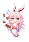  animal_ears bad_id bad_pixiv_id bangs benghuai_xueyuan black_footwear blue_eyes blush bunny_ears chibi eyebrows_visible_through_hair flying_sweatdrops food full_body hair_between_eyes holding holding_food japanese_clothes kimono long_hair long_sleeves lowres obi open_mouth pink_hair print_kimono qunqing sash socks solo standing standing_on_one_leg tabi takoyaki very_long_hair white_background white_kimono white_legwear wide_sleeves yae_sakura_(benghuai_xueyuan) zouri 