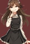  arashio_(kantai_collection) belt black_dress breasts brown_background brown_eyes brown_hair buttons closed_mouth commentary_request dress eyebrows_visible_through_hair grey_belt heart kantai_collection long_sleeves looking_at_viewer medium_breasts naughty_face pinafore_dress remodel_(kantai_collection) shirt simple_background solo tongue tongue_out upper_body utopia white_shirt 