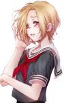  blonde_hair blush commentary_request ear_piercing earrings hand_in_hair haruhito_(divineshalt) highres horizontal_stripes idolmaster idolmaster_cinderella_girls jewelry looking_at_viewer parted_lips piercing pink_eyes red_neckwear school_uniform serafuku shirasaka_koume short_hair short_sleeves simple_background solo striped tareme uniform upper_body white_background 