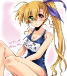  bangs blonde_hair blue_ribbon blue_swimsuit breasts character_name cleavage dated eyebrows_visible_through_hair green_eyes hair_ribbon heterochromia long_hair looking_at_viewer lyrical_nanoha mahou_shoujo_lyrical_nanoha_vivid medium_breasts name_tag older one-piece_swimsuit parted_lips red_eyes ribbon san-pon school_swimsuit side_ponytail sitting solo swimsuit twitter_username very_long_hair vivio wet wet_clothes wet_hair wet_swimsuit 
