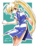  alternate_hairstyle ass bangs blonde_hair blue_dress china_dress chinese_clothes closed_mouth cowboy_shot dated dress eyebrows_visible_through_hair from_behind green_background green_eyes hair_bun heterochromia long_hair looking_at_viewer looking_back lyrical_nanoha mahou_shoujo_lyrical_nanoha_vivid no_panties older outside_border red_eyes san-pon short_sleeves side_ponytail side_slit smile solo standing twitter_username very_long_hair vivio 