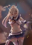  ayanami_(azur_lane) azur_lane bangs bare_shoulders blush breasts choker commentary_request eyebrows_visible_through_hair floating_hair glowing glowing_eyes hair_between_eyes hair_ornament headgear highres holding holding_sword holding_weapon long_hair looking_at_viewer medium_breasts mistynight navel pleated_skirt ponytail red_eyes school_uniform serafuku shirt shoulder_cutout silver_hair skindentation skirt solo sword thighhighs thighs underboob weapon white_legwear white_shirt wide_sleeves wind wind_lift zettai_ryouiki 