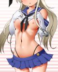 blonde_hair blush breasts commentary_request dr_rex head_out_of_frame kantai_collection long_hair medium_breasts navel nipples no_bra shimakaze_(kantai_collection) shirt_lift solo stomach striped striped_background 