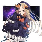  abigail_williams_(fate/grand_order) absurdres bangs black_bow black_dress black_hat blonde_hair bloomers blue_eyes bow bug butterfly character_name closed_mouth dress fate/grand_order fate_(series) forehead hair_bow hat highres insect long_hair long_sleeves looking_at_viewer object_hug orange_bow parted_bangs polka_dot polka_dot_bow sasakura_(npdk7484) sleeves_past_fingers sleeves_past_wrists solo space stuffed_animal stuffed_toy teddy_bear underwear very_long_hair white_background white_bloomers 