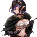  ashfair belt breasts cape choker covered_nipples ear_piercing gauntlets helmet holding large_breasts looking_away looking_back navel original piercing pink_eyes pointy_ears purple_hair sarashi solo upper_body white_background 