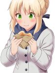  :t artoria_pendragon_(all) bangs black_ribbon blonde_hair blue_scarf braid check_commentary closed_mouth commentary_request eating eyebrows_visible_through_hair fate/stay_night fate_(series) green_eyes grey_coat hair_between_eyes hair_bun hair_ribbon highres long_sleeves looking_away looking_down ribbon saber scarf sidelocks simple_background solo taka_(takahirokun) white_background 