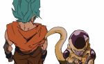  blue_hair dougi dragon_ball dragon_ball_super dragon_ball_z dragon_ball_z_fukkatsu_no_f facing_away frieza golden_frieza imamuu_(imamoon) looking_at_another male_focus multiple_boys serious short_hair simple_background son_gokuu spiked_hair super_saiyan_blue tail twitter_username white_background wristband 