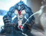  2016 anthro balls blue_skin chain cum donkey_kong_(series) ejaculation fangs humanoid_penis kludge looking_at_viewer male masturbation muscular muscular_male nintendo nude penile_masturbation penis red_eyes solo todex tongue video_games 