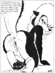  absurd_res after_sex all_fours anthro anus butt comic cum cum_drip cum_on_butt cum_on_face cum_on_ground cum_string dripping female hair hi_res james_m_hardiman kneeling looking_at_viewer lori_(jmh) mammal messy nude pussy raised_tail skunk solo text tongue white_hair 