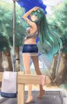  alternate_costume bare_legs barefoot blue_eyes blue_sky breasts cloud commentary_request day forest frog_hair_ornament green_hair hair_ornament kochiya_sanae legs long_hair looking_at_viewer looking_back medium_breasts nature outdoors shin_(new) short_shorts shorts shower sideboob sky snake solo standing tiptoes touhou wet 