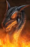  2017 ambiguous_gender black_scales digital_media_(artwork) dragon feral fire headshot_portrait horn jamipainter orange_eyes portrait scales solo 