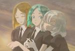  :o androgynous aqua_eyes aqua_hair aqua_nails black_neckwear blonde_hair closed_eyes collared_shirt crystal_hair diamond_(houseki_no_kuni) elbow_gloves gem_uniform_(houseki_no_kuni) gloves houseki_no_kuni hug hug_from_behind looking_at_viewer multiple_others nail_polish necktie phosphophyllite puffy_short_sleeves puffy_sleeves seraphitalg shirt short_hair short_sleeves simple_background smile upper_body yellow_diamond_(houseki_no_kuni) 