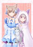  1girl :3 airysher animal animal_ears animal_hood bangs bare_shoulders blue_eyes blue_legwear blunt_bangs border bow brown_hair cape cat cat_ears choker collarbone commentary_request crossdressing detached_sleeves dress ear_piercing emilia_(re:zero) eyebrows_visible_through_hair felix_argyle frilled_dress frills grey_cat hair_bow highres hood otoko_no_ko outside_border pantyhose piercing puck_(re:zero) re:zero_kara_hajimeru_isekai_seikatsu short_eyebrows short_hair silver_hair smile spaghetti_strap standing striped striped_background thick_eyebrows white_border 