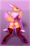  anthro butt canine clothed clothing digimon female fur gamibri invalid_color looking_at_viewer mammal pussy pussy_juice renamon simple_background smile solo 