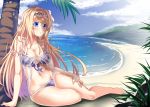  absurdres babydoll barefoot beach bikini blonde_hair blue_eyes blue_sky breasts camisole cleavage cloud day diadem flower front-tie_bikini front-tie_top full_body granblue_fantasy hair_flower hair_ornament highres jeanne_d'arc_(granblue_fantasy) lily_(flower) long_hair lowleg lowleg_bikini medium_breasts mountain navel outdoors palm_tree purple_bikini see-through side-tie_bikini sitting sky solo strap_slip swimsuit tree ye_ye_(jasonbee2) yokozuwari 