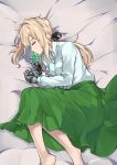  absurdres bangs bed_sheet black_ribbon blonde_hair brooch closed_eyes commentary daru dress_shirt feet_out_of_frame fetal_position gem green_skirt hair_between_eyes hair_intakes hair_ribbon highres jewelry long_hair long_skirt long_sleeves lying mechanical_hands on_bed on_side prosthesis prosthetic_arm prosthetic_hand ribbon shirt skirt sleeping solo violet_evergarden violet_evergarden_(character) white_shirt 