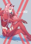  absurdres aqua_eyes arm_on_knee bangs bodysuit candy commentary_request darling_in_the_franxx daru eyeshadow food from_side hairband highres horns lollipop long_hair looking_to_the_side makeup pilot_suit pink_hair red_bodysuit shiny shiny_hair simple_background sitting smile solo straight_hair white_hairband zero_two_(darling_in_the_franxx) 