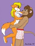  2018 3_toes anthro barefoot blonde_hair blush boxers_(clothing) breasts brown_fur brown_hair canine clothed clothing delisle duo feline female fox fur hair lion male male/female mammal navel nipples nude orange_fur toes tongue tongue_out topless underwear 