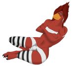  avian bird bulge cardinal_(bird) clothing crimsonrex crossed_arms girly green_eyes invalid_background leaning leggings legwear male red_skin simple_background smile stripes 