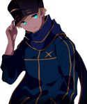  ahoge arthur_pendragon_(fate) artoria_pendragon_(all) bad_id bad_pixiv_id baseball_cap blonde_hair blue_eyes blue_hat blue_jacket blue_scarf commentary_request cosplay fate/grand_order fate/prototype fate_(series) hand_on_headwear hand_up hat hiiragi_fuyuki jacket long_sleeves looking_at_viewer male_focus mysterious_heroine_x mysterious_heroine_x_(cosplay) scarf simple_background smile solo upper_body white_background 