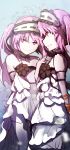  bad_id bad_pixiv_id bare_shoulders black_flower black_rose closed_mouth dress euryale fate/hollow_ataraxia fate_(series) flower frilled_hairband frills hairband hand_up highres long_hair looking_away looking_to_the_side multiple_girls parted_lips profile purple_eyes purple_hair ribbon-trimmed_hairband ribbon_trim rose sketch smile stheno strapless strapless_dress twintails very_long_hair wada_kazu white_dress white_hairband 