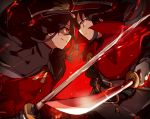  1girl belt black_hair black_hat brother_and_sister cape crazy_eyes crazy_smile eye_contact face-to-face fate/grand_order fate_(series) foreshortening from_side grin hat hiiragi_fuyuki holding holding_sword holding_weapon jacket katana long_hair looking_at_another oda_nobukatsu_(fate/grand_order) oda_nobunaga_(fate) parted_lips peaked_cap red_background red_eyes red_jacket siblings simple_background smile sparks sword weapon wide-eyed 