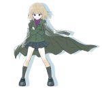  bangs black_coat black_footwear black_legwear black_skirt blonde_hair blue_eyes commentary crossed_arms emblem eyebrows_visible_through_hair full_body girls_und_panzer green_jacket grin highres inumoto jacket jacket_on_shoulders katyusha loafers long_sleeves looking_at_viewer miniskirt pleated_skirt pravda_school_uniform red_shirt school_uniform shadow shirt shoes short_hair simple_background skirt smile socks solo standing teeth turtleneck v-shaped_eyebrows white_background 