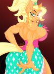  2017 anthro anthrofied apple_jewel_(mlp) applejack_(mlp) biceps big_breasts big_butt black_and_white blonde_hair breasts butt clothed clothing earth_pony equine eyelashes female freckles friendship_is_magic green_eyes hair horse humanoid_hands jrvanesbroek looking_at_viewer looking_back mammal monochrome muscular muscular_female my_little_pony pony simple_background solo white_background 