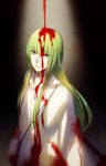  bangs blood blood_drip blood_on_face bloody_clothes dark_background eyebrows_visible_through_hair fate/grand_order fate/strange_fake fate_(series) green_hair kingu_(fate) light_rays long_hair long_sleeves looking_at_viewer purple_eyes robe simple_background sunbeam sunlight toruglose upper_body white_robe 