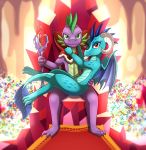  2018 3_toes 4_fingers aged_up anthro barefoot cape carpet cavern chair claws clothing crystals dragon duo eyebrows eyelashes female friendship_is_magic gem green_eyes holding_object horn looking_at_viewer male male/female membranous_wings mostly_nude my_little_pony nude on_lap orange_eyes princess_ember_(mlp) royalty scalie scepter sitting slit_pupils smile spike_(mlp) thick_tail throne throne_room toe_claws toes treasure vavacung wings 